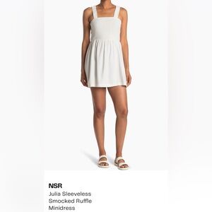 NSR White Julia Sleeveless Smocked Ruffle Mini Dress, Size L